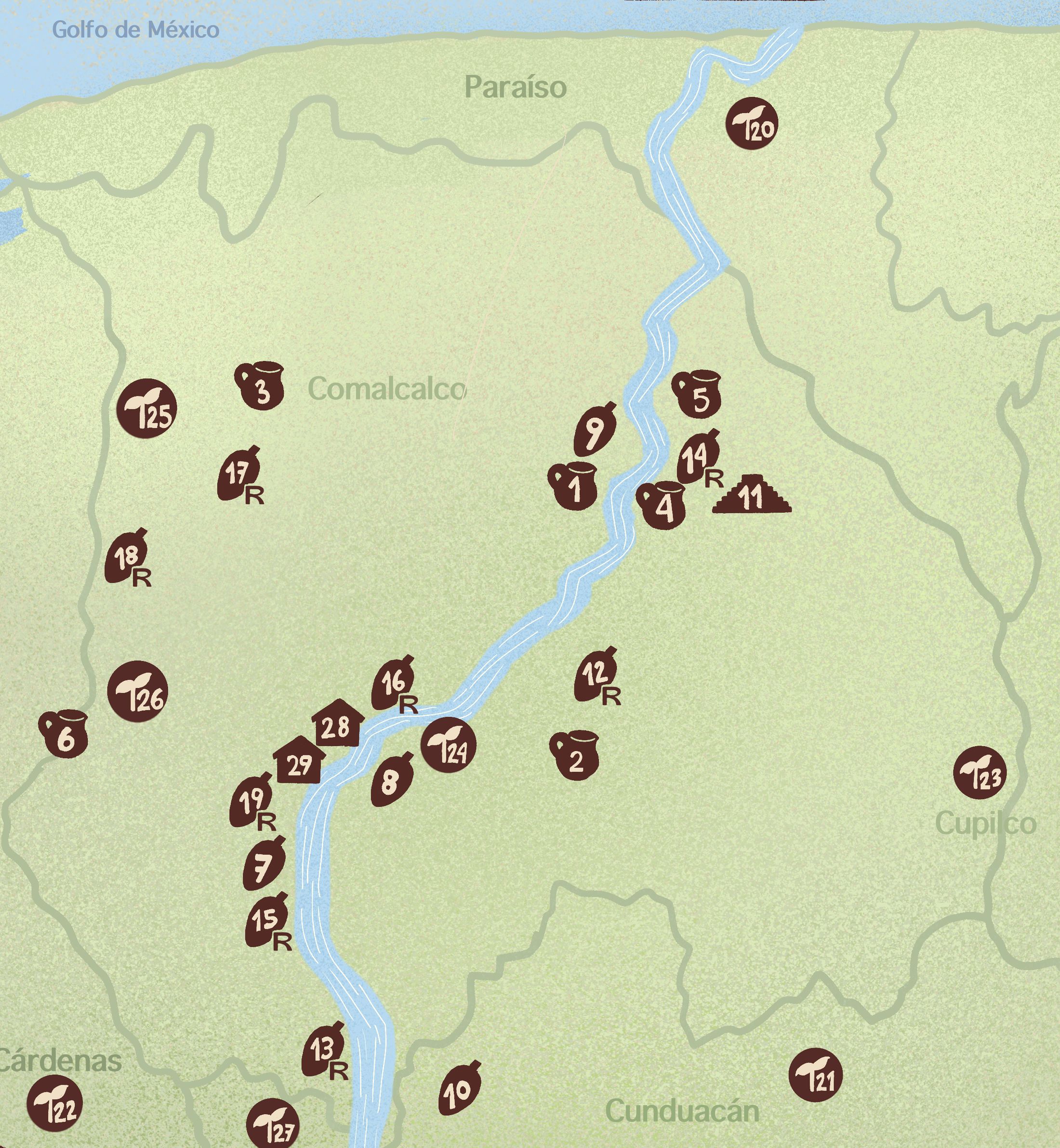 Mapa ilustrado de la región de La Ribera Cacao, entre Paraíso, Comalcalco, Cunduacán y Cárdenas, con 29 puntos numerados.